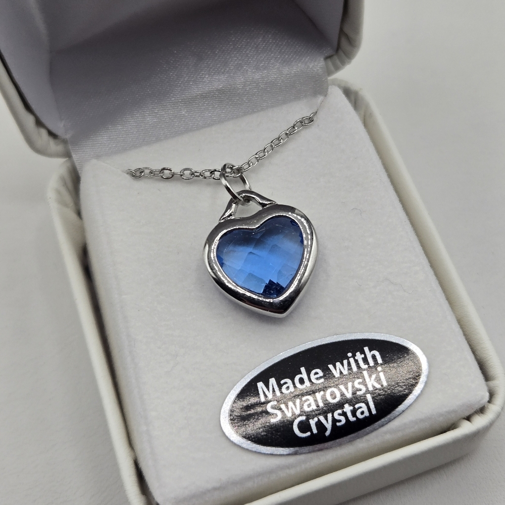 Swarovski Elements Silver Heart Necklace Light Sapphire Blue Swarovski Crystal